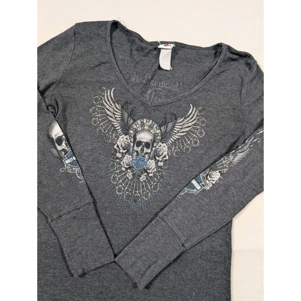 Y2K Harley Davidson Womens Gray Long Sleeve Floral Skull Rose Shirt Top M